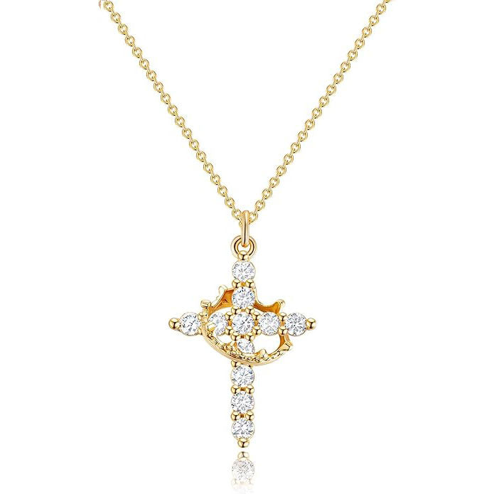 Rotating Crown Cross Necklace - 14k Gold Plating