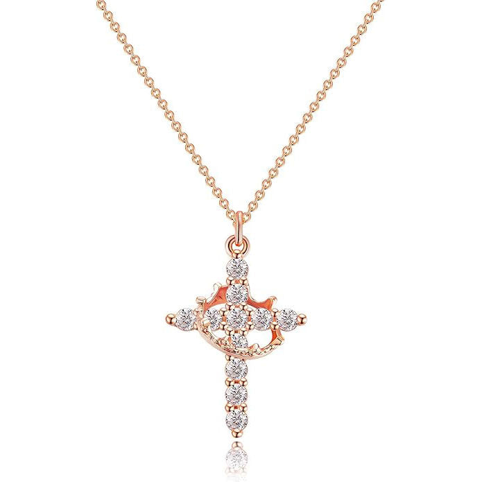 Rotating Crown Cross Necklace - 14k Gold Plating