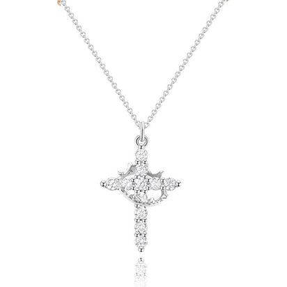 Rotating Crown Cross Necklace - 14k Gold Plating