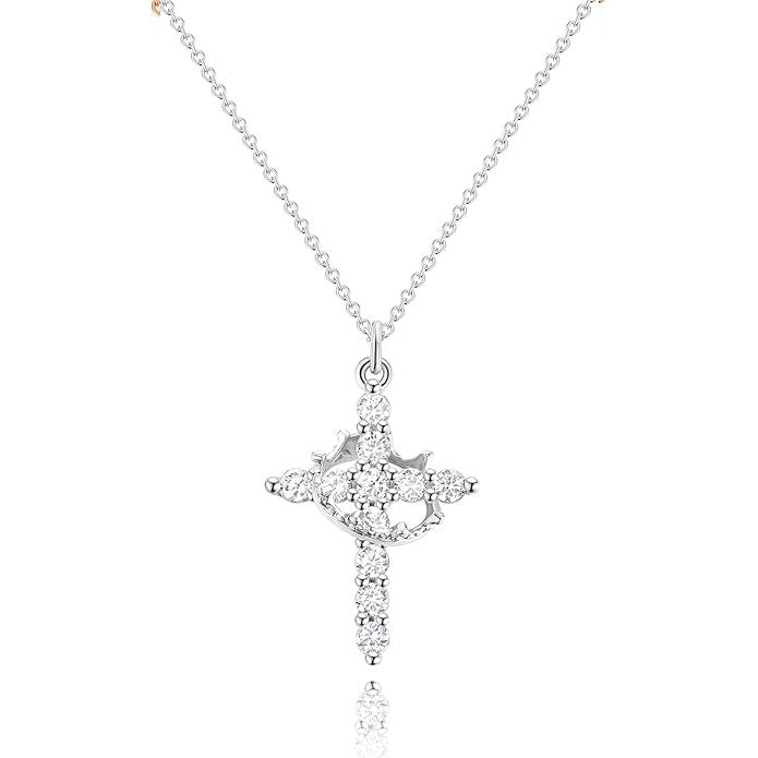 Rotating Crown Cross Necklace - 14k Gold Plating