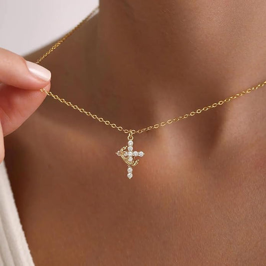 Rotating Crown Cross Necklace - 14k Gold Plating